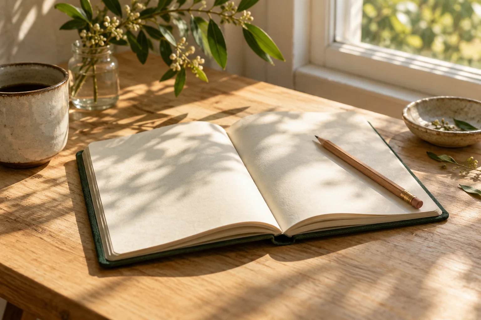An open notebook and pencil on a sunlit wooden table, with soft leaf shadows across the pages.