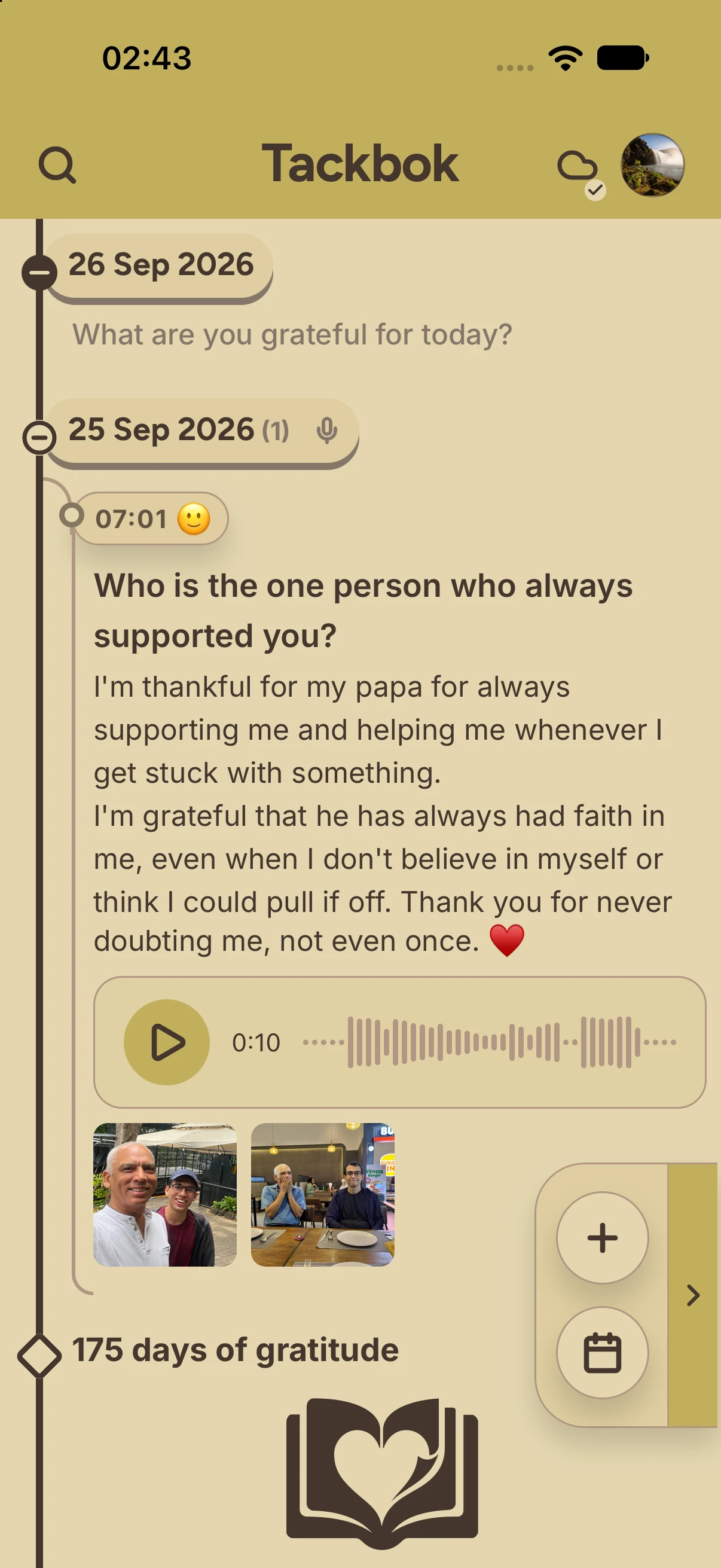 Tackbok journal timeline with daily gratitude entries